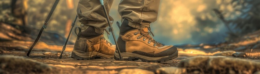 A close up of a hiker's boots and trekking poles on a rocky trail. - obrazy, fototapety, plakaty