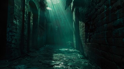 The dimly lit alleyway is suddenly illuminated by a beam of light revealing a formidable figure with a fierce determination in their eyes. . - obrazy, fototapety, plakaty