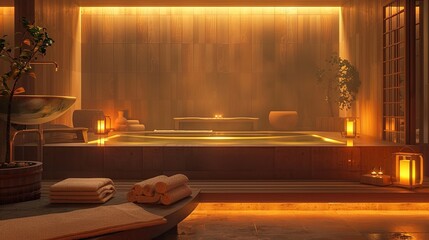 Softly lit spa with a tranquil ambiance and warm towels