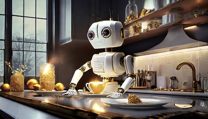 Roboter steht in einer modernen Küche - obrazy, fototapety, plakaty
