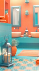 A bathroom with blue and orange tiles and a plant in the center.