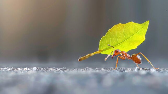 Macro image of an ant carrying a leaf piece