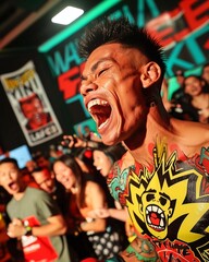 Spectators cheer loudly as the Muay Thai match heats up with intense action , - obrazy, fototapety, plakaty