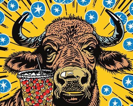 The buffalo finds solace in a fizzy drink while taking a break from the daily routine ,