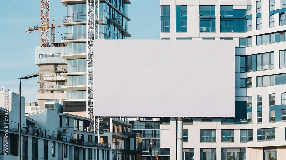 Poster blank white banner for advertisement on the fence residential area with modern buildings and tower c
