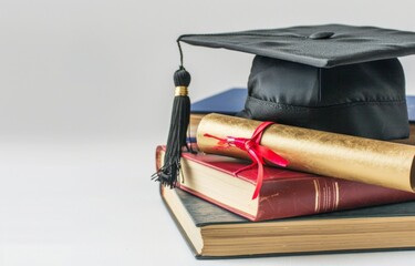 graduation cap and diploma on top of books, white background with space for text or design, closeup view Generative AI