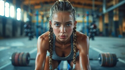 Woman in sportswear doing crossfit exercises in a warehouse gym, pushing physical limits - obrazy, fototapety, plakaty