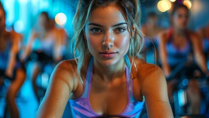 Woman in sportswear engaging in a spinning class, intense workout session - obrazy, fototapety, plakaty