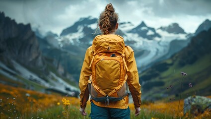 Woman in sportswear hiking with a backpack in the mountains, exploring and fitness