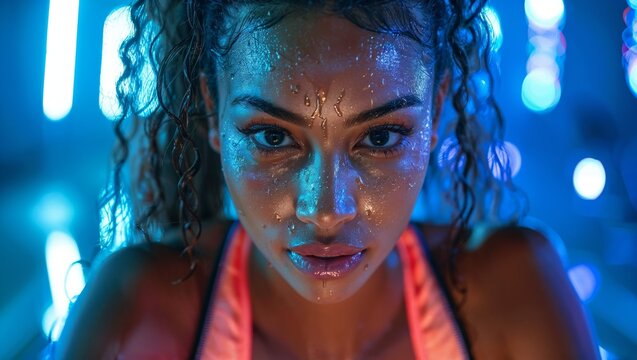 Woman in sportswear engaging in a spinning class, intense workout session