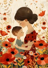 Fototapeta premium Mother's Day illustration. Mother's Day different ethnicities. Mother and kid on Mother's Day. Mother and son on Mother's Day. Vertical banking poster background for web