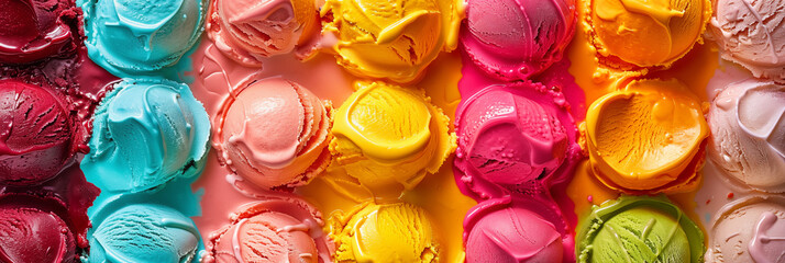 Colorful assorted ice cream scoops background banner. Panoramic web header. Wide screen wallpaper