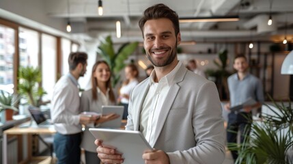 A smiling professional holding a tablet
