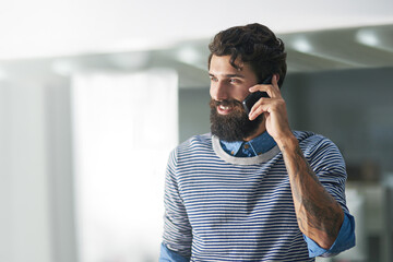 Man, phone call and networking in office for deal, talking and b2b connection for business...