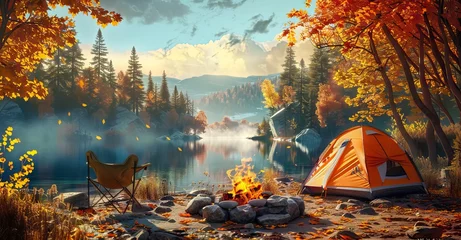 Fotobehang Camping tent, camping chair and fire in the forest near lake on autumn day copy space. AI generated illustration © Fatima