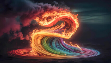Símbolo de Fuego y Llama: Energía en Ilustración Misteriosa. Colores Brillantes: Rojo, Anaranjado, Amarillo y Verde. Misterio en Estelas de Luz y Tornados