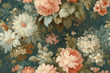 Seamless botanical pattern with peach-toned blooms and lush foliage