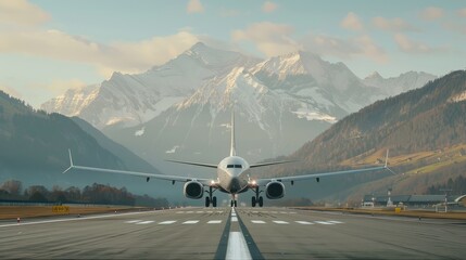 A passenger plane ascends from the runway against a majestic mountain backdrop, captured in clear weather, showcasing aviation in stunning - obrazy, fototapety, plakaty
