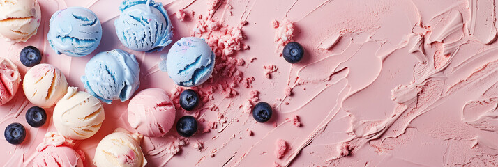 Assorted colorful ice cream scoops with fresh blueberries scattered on textured pink background banner. Panoramic web header. Wide screen wallpaper