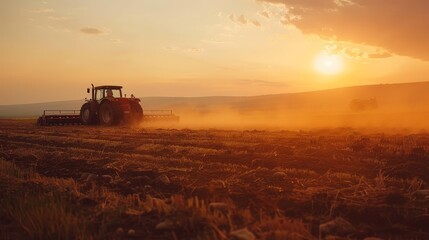Fototapeta premium A vivid scene of tractors and workers tirelessly plowing the fields, captured at sunset, highlighting the beauty of agricultural labor