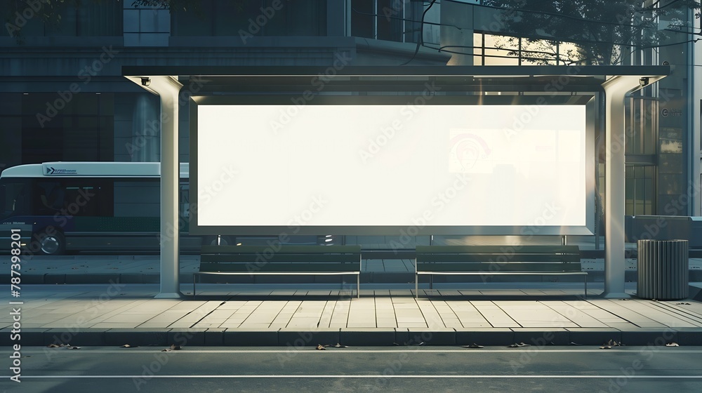 Aufkleber side view of blank white horizontal billboard at bus stop commercial concept mock up : generative ai