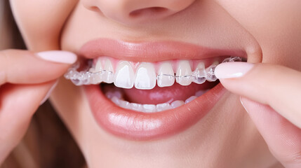 A woman puts invisible silicone trays with whitening gel on her teeth. Home Dental Care Orthodontic Silicone Transparent Teeth Aligners