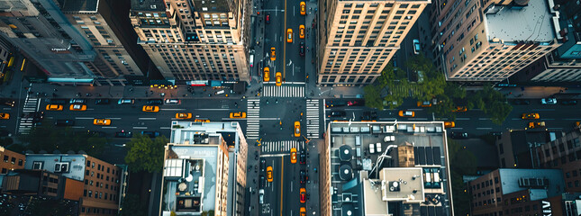 Aerial birds eye overhead top down view of tall office of apartment buildings around 6th avenue. Heavy traffic in downtown streets. Manhattan, New York City, USA
