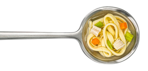 Instant chicken noodle soup in spoon isolated on white background, top view