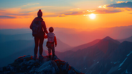 A mother and her child on a mountain summit at sunrise, embracing as they watch the sun rise over the horizon. The close-up captures their silhouettes.