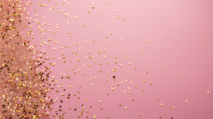 Fototapeta premium Simple minimal background for design. Golden confetti on a pink background. Empty border frame with copy space. Generative AI