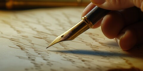 A close-up image showing a hand holding an elegant fountain pen poised over a paper with cursive writing