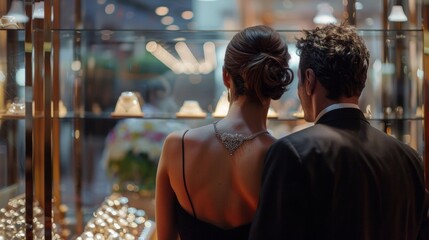 Dressed in formal attire a welldressed couple stands side by side admiring the exquisite platinum adornments on display. gazes . .