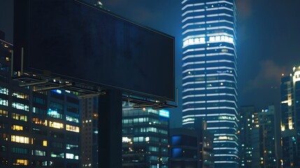 Fototapeta na wymiar Blank black horizontal billboard on cityscape background at night perspective view Mockup advertising concept : Generative AI