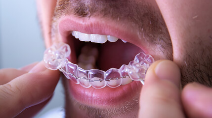 A young man inserting clear orthodontic aligners into his mouth. Transparent aligners for straightening teeth, dental aesthetics, care and maintenance of teeth