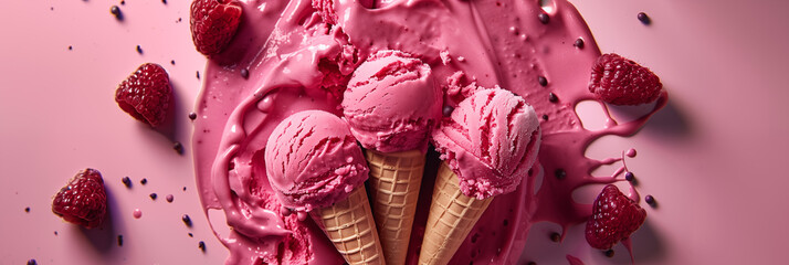 Raspberry ice cream in cone with dynamic splash and scattered raspberries on pink background...
