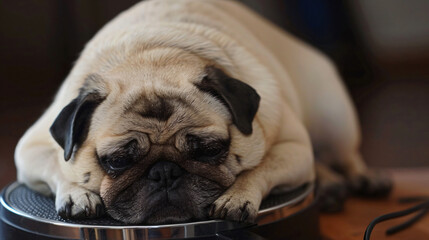 Cute pug dog laying on weigh scales