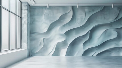 Modern abstract interior with undulating blue wall and minimalist design. Generative AI