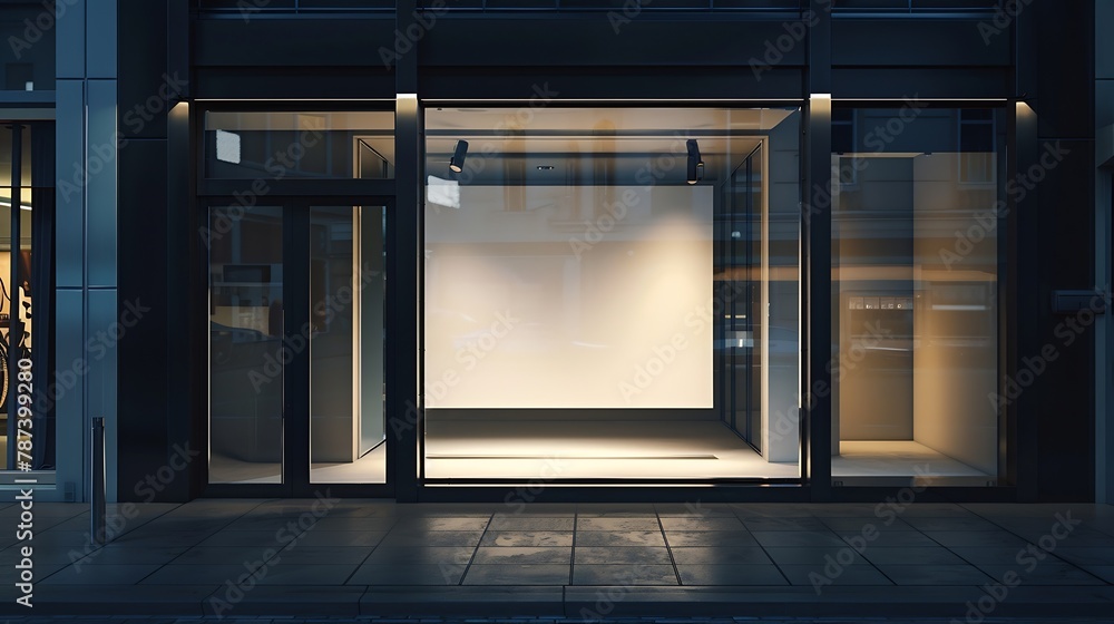Poster Mock up of store blank street showcase window in a city at night Front view : Generative AI