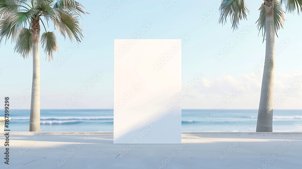 Poster Blank lightbox with white space for mockup stands vertically on sidewalk with palm trees against blue sea and clear sky : Generative AI