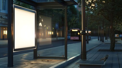 bus shelter at busstop blank white lightbox empty billboard and ad placeholder glass and aluminum structure transit station urban setting city street background stone sidewalk base for : Generative AI