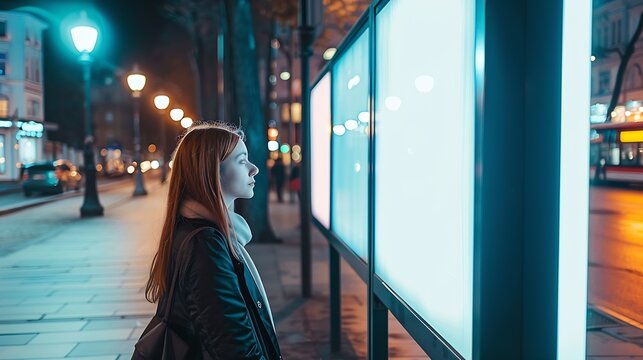 Outdoor advertising abri or billboard at bus stop with girl waiting for bus : Generative AI