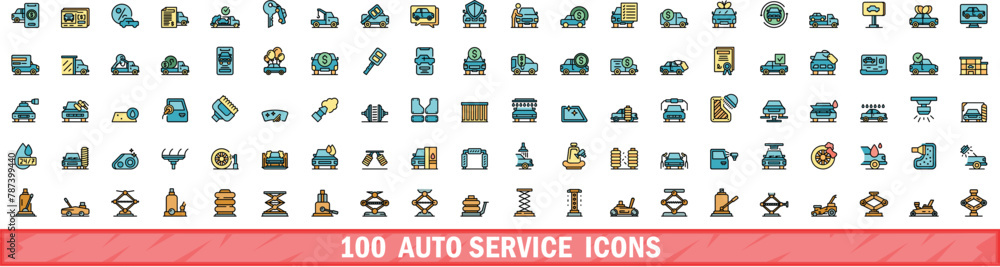 Poster 100 auto service icons set. color line set of auto service vector icons thin line color flat on whit
