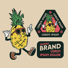 pineapple mascot character, vintage badges design with editable text, mascot cartoon design