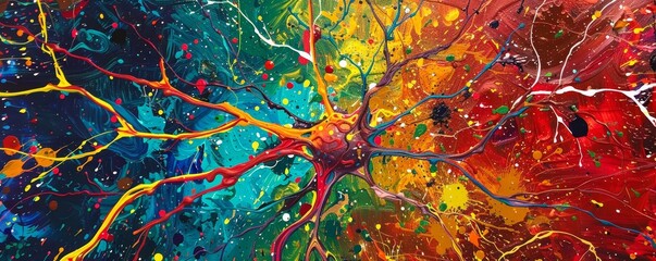Colorful, imaginative neurons branching across the canvas of a human brain, illustrating the complex inner world of emotions and artificial intelligence - obrazy, fototapety, plakaty