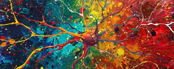 Fotobehang Colorful, imaginative neurons branching across the canvas of a human brain, illustrating the complex inner world of emotions and artificial intelligence © Bodin