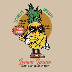 pineapple mascot character, vintage badges design with editable text, mascot cartoon design