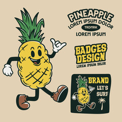 pineapple mascot character, vintage badges design with editable text, mascot cartoon design