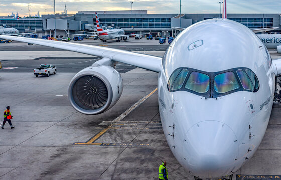 New York, USA; June 5, 2023: Panoramic view of the cabin of an Airbus A350, which is a commercial wide-body aircraft of the Spanish airline Iberia, parked at New York airport (USA).