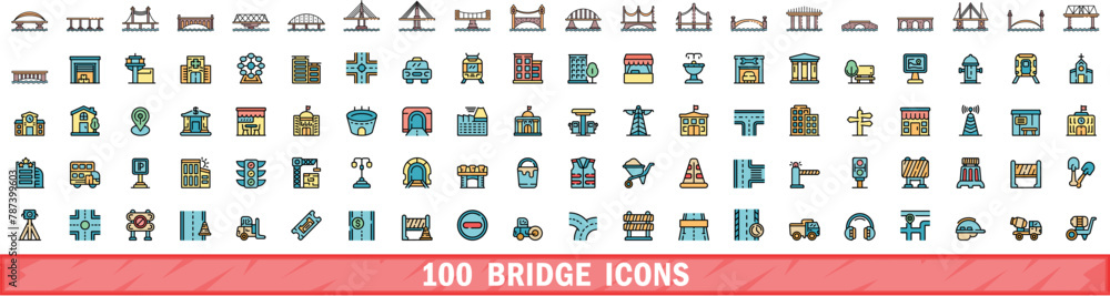Poster 100 bridge icons set. color line set of bridge vector icons thin line color flat on white