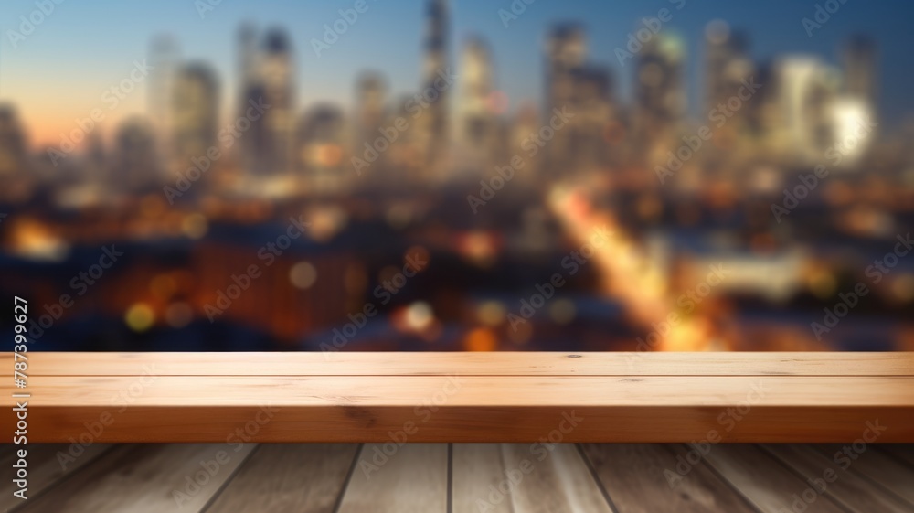 Poster the empty wooden table top with blur background of cityscape. exuberant image. generative ai